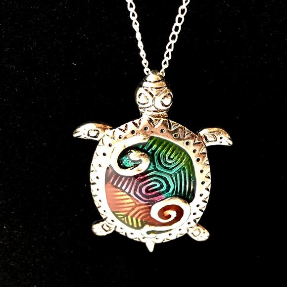Silver Sea Turtle Brooch Pendant Necklace Pin Enamel Multicolor Rhodium Plated - Picture 2 of 10